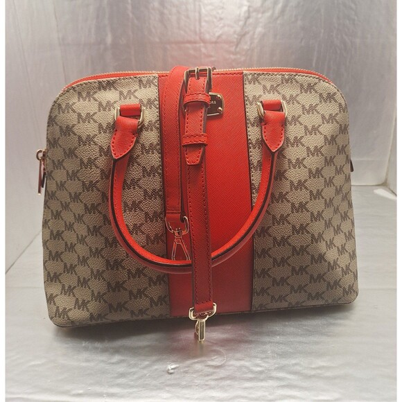 Michael Kors Khaki Monogrammed Coated Canvas/Red Leather Dome Satchel Crossbody - Picture 3 of 12